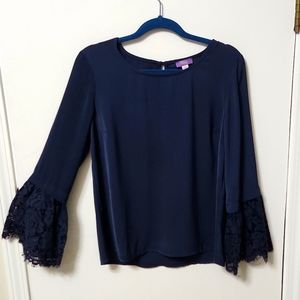 Truly Poppy Navy Long Sleve Lace Trim Blouse Size Small